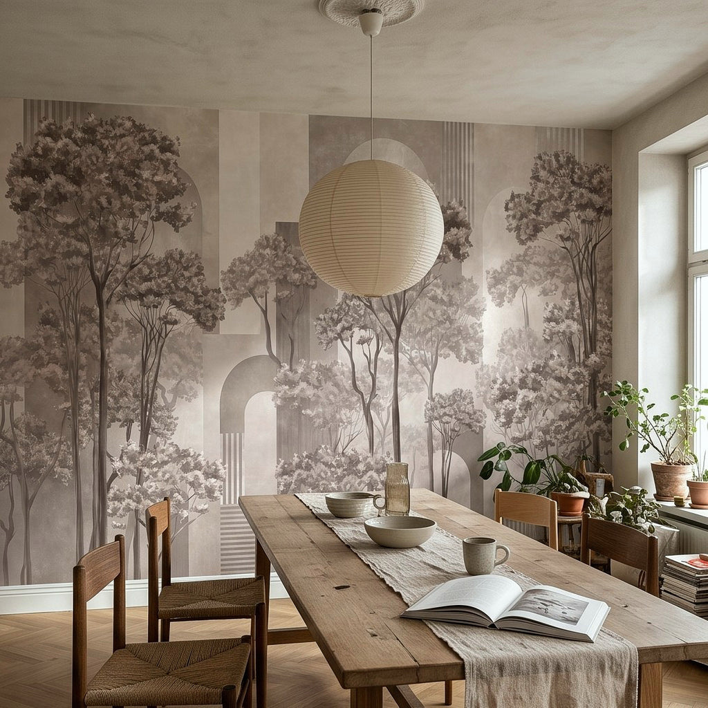 Misty taupe mural wall with tall abstract trees and arched geometric panels