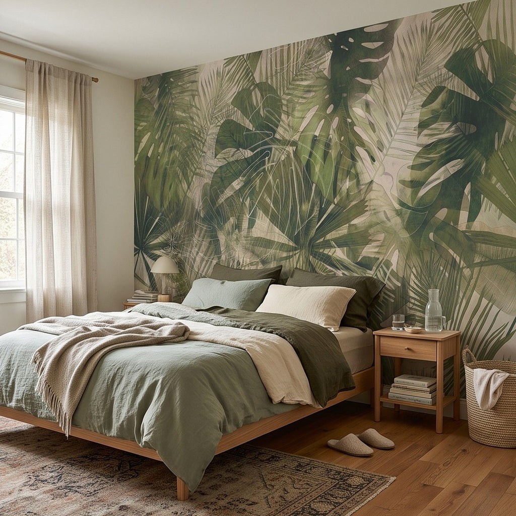 Tropical palm frond wall mural in muted sage, olive, and pale cream highlights