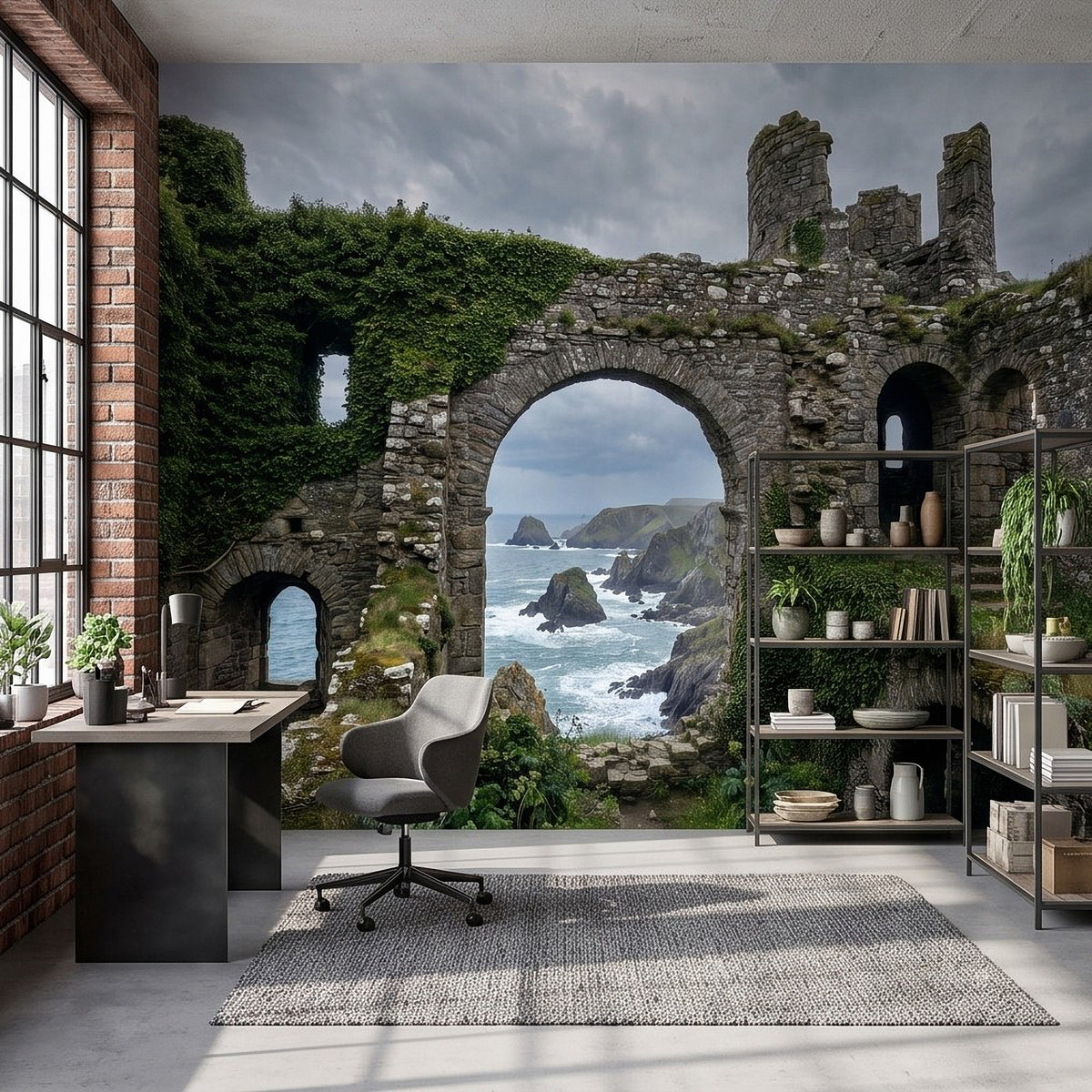 Ruined castle arch wall mural with ocean waves and indoor desk, shelves, and rug
