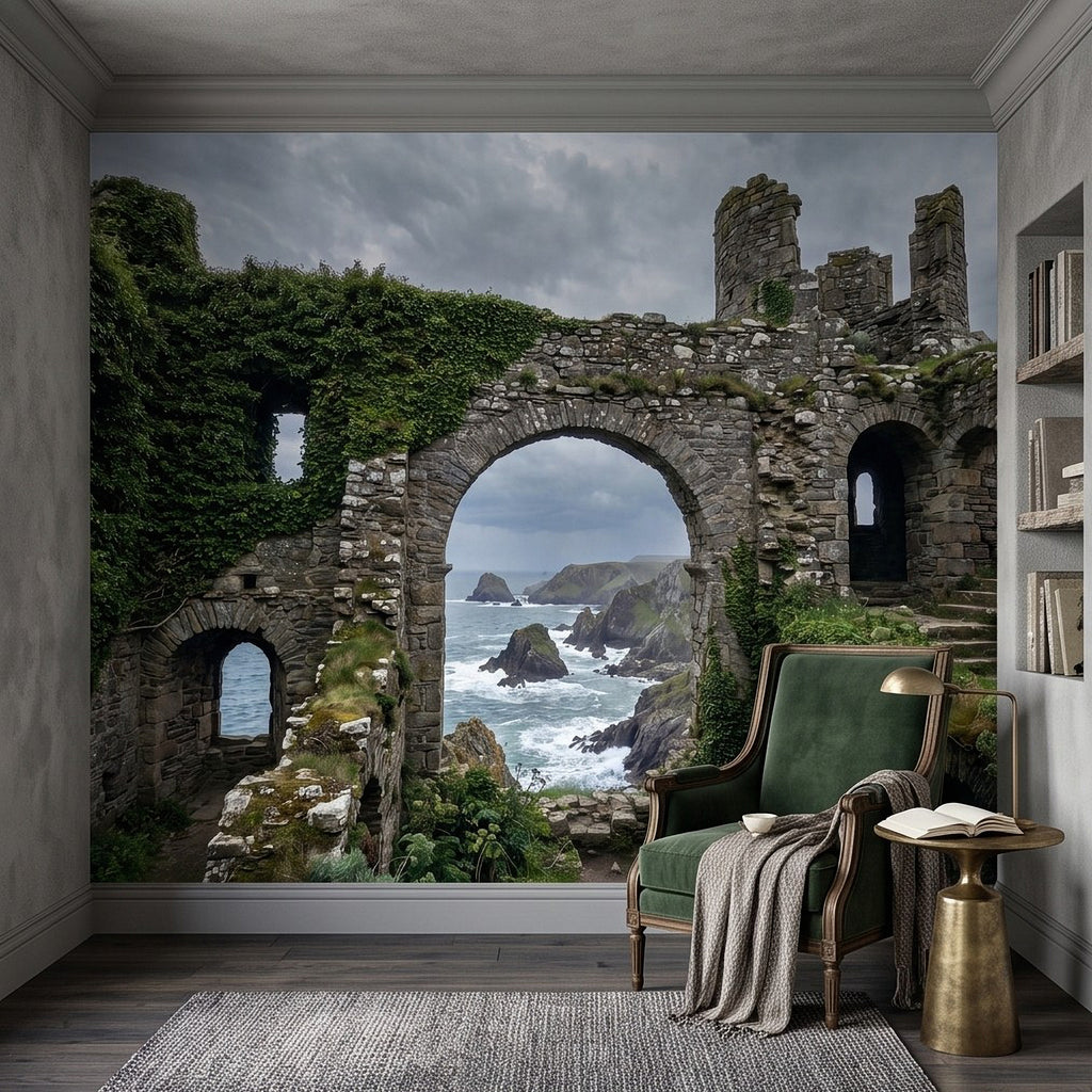 Medieval stone arch wall mural with sea waves and ruined castle towers