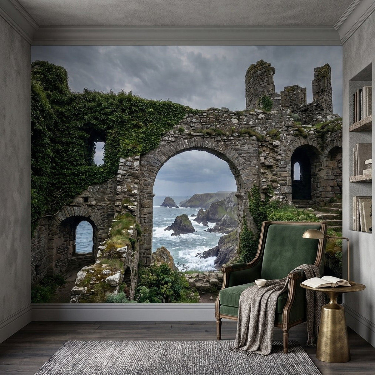 Medieval stone arch wall mural with sea waves and ruined castle towers