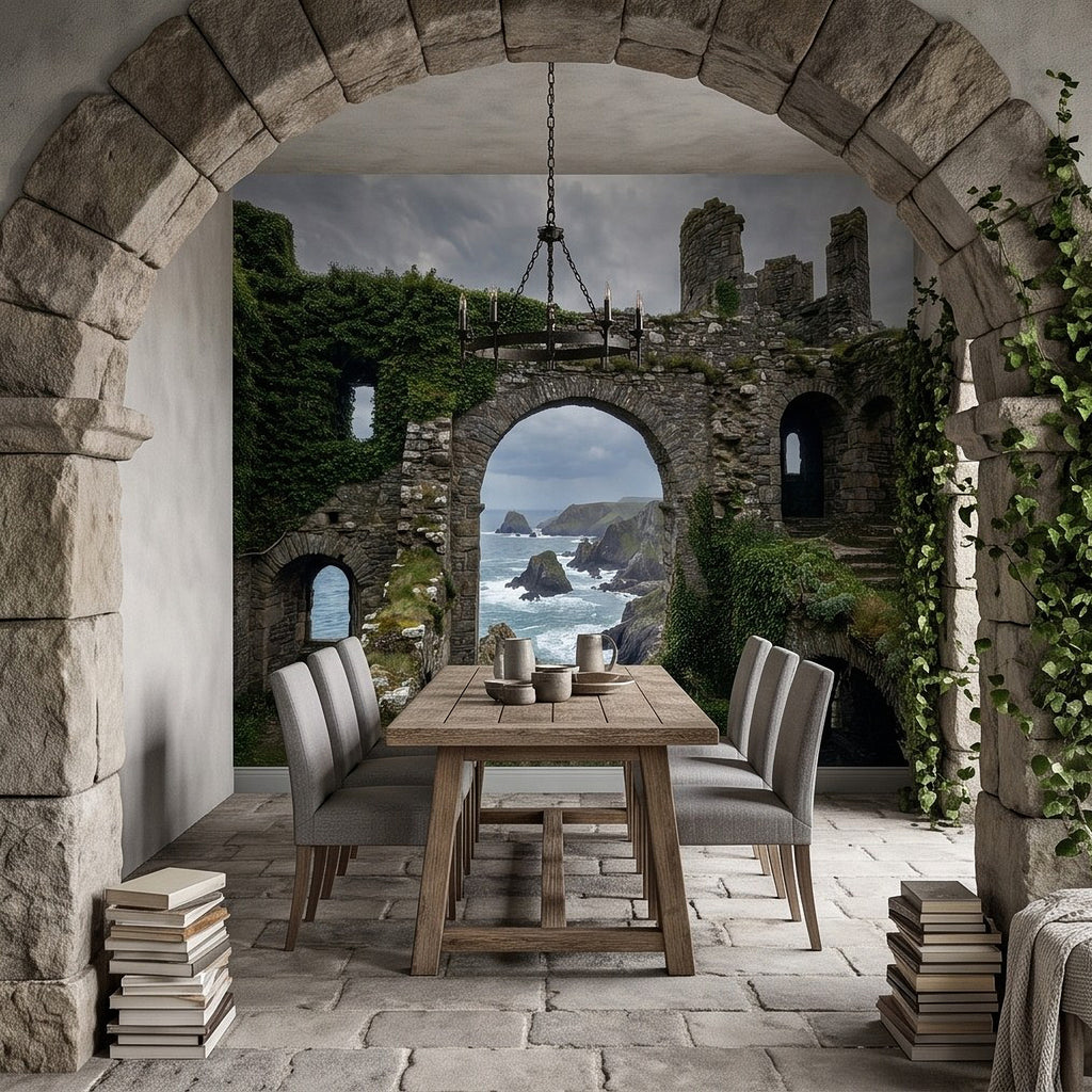 Arched stone entry wall mural with ruined coastal fortress, stone table and chairs