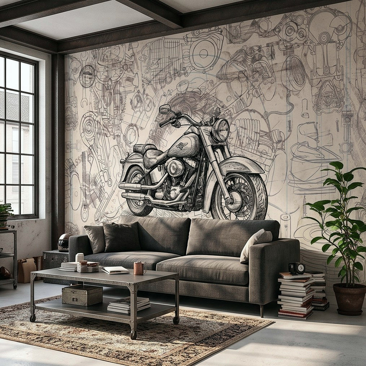 Motorcycle wall mural with cruiser blueprint sketch centered above sofa