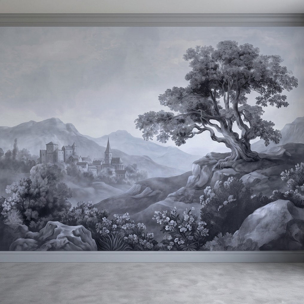 Monochrome wall mural panel with ancient tree, flowers, and castle village in fog