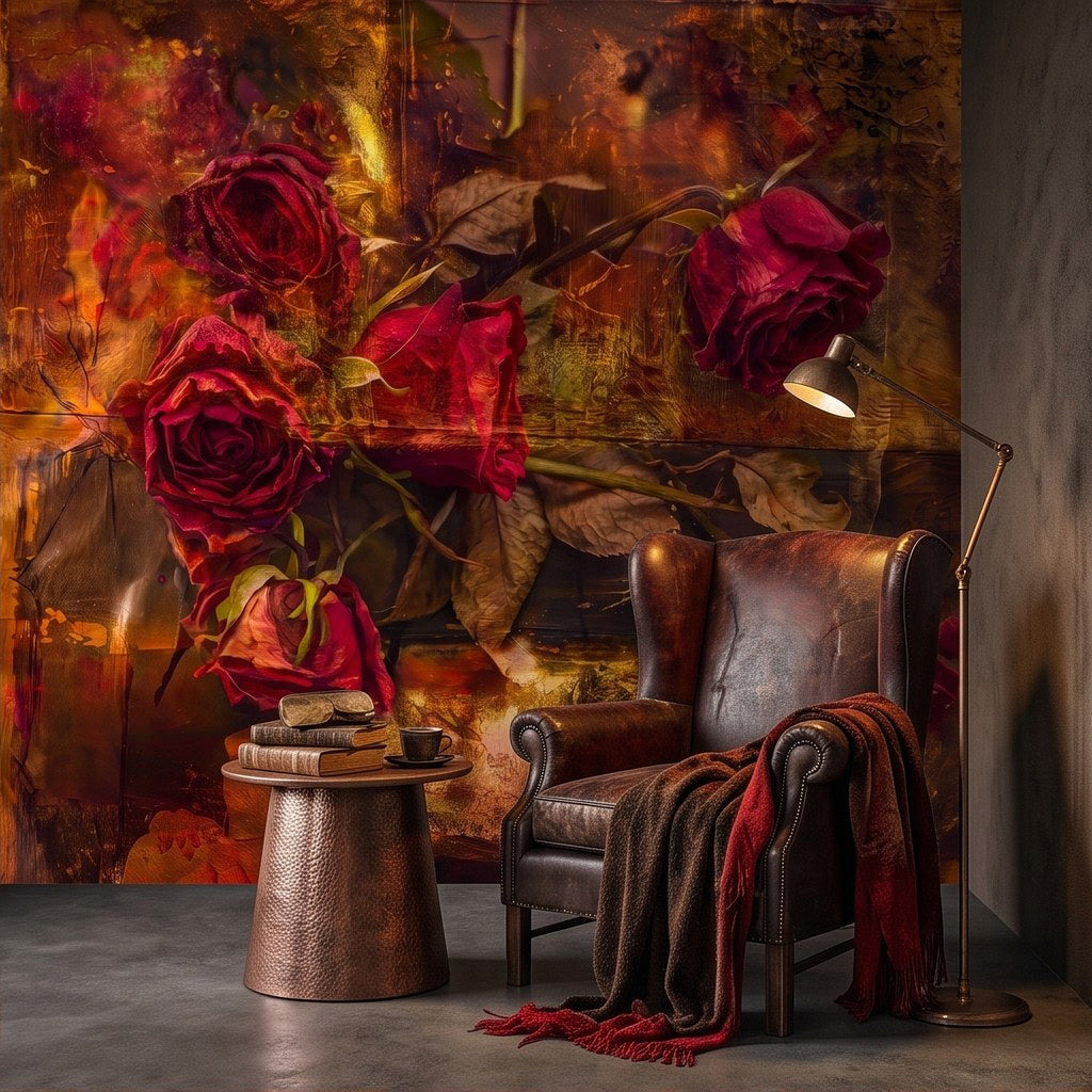 Rose floral wall mural backdrop with burgundy roses, armchair and floor lamp