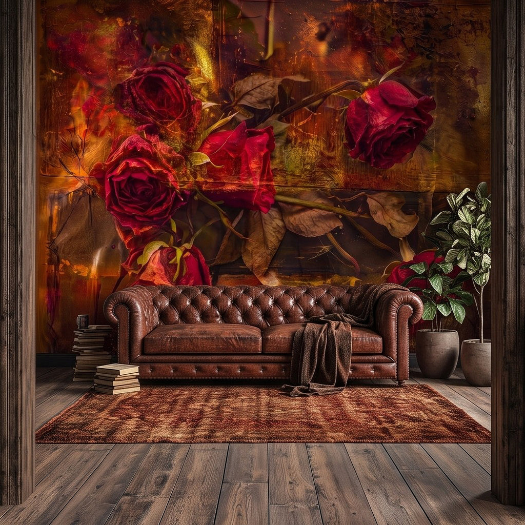Vintage-style red rose wall mural with distressed warm amber background and layered blooms