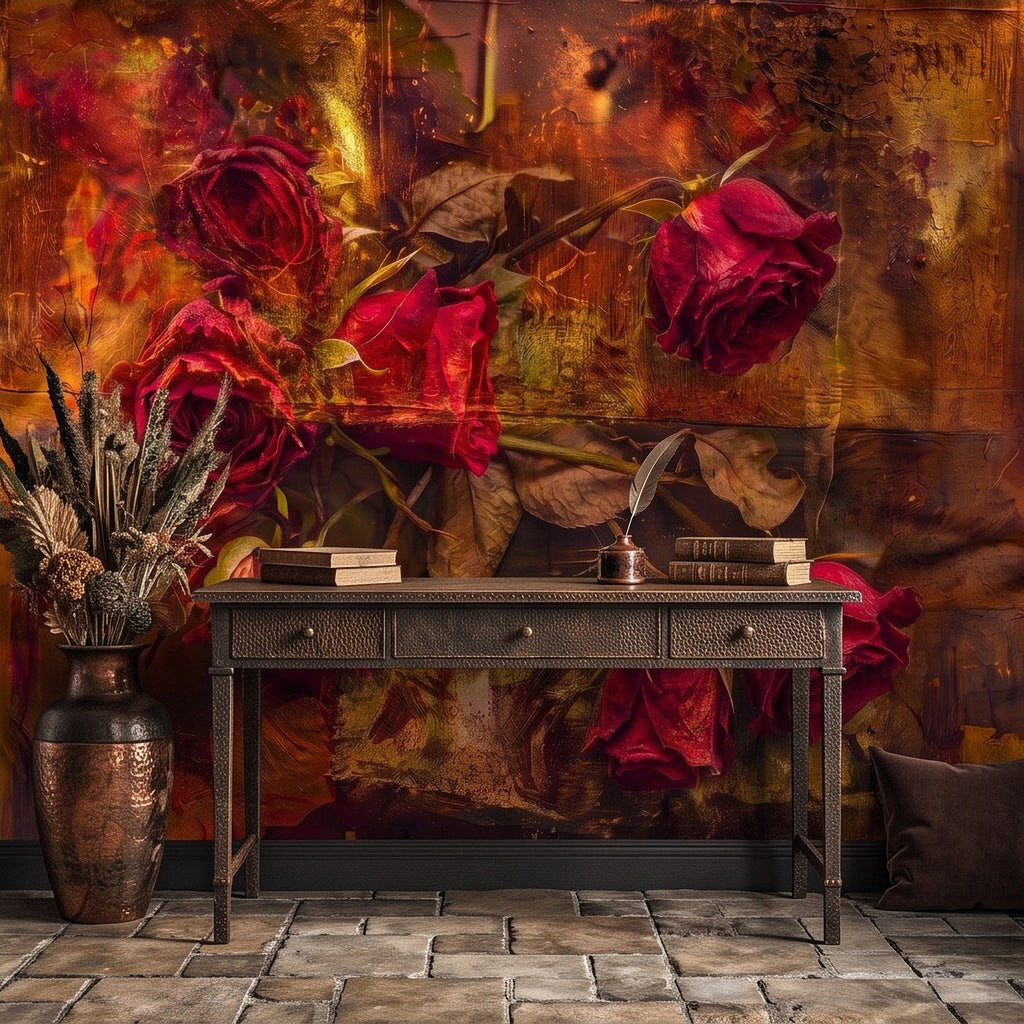 Red rose wall mural detail with distressed warm brown and burgundy painted background