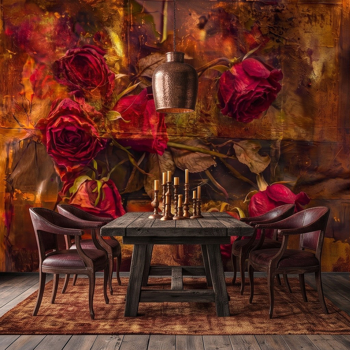 Red rose floral wall mural featuring dark burgundy roses on distressed amber backdrop