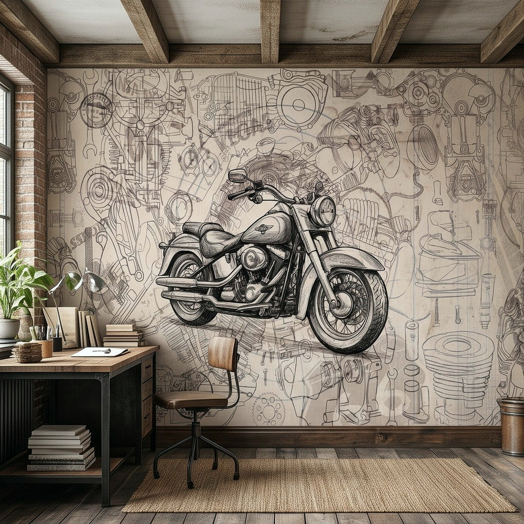 Centered vintage motorcycle sketch wall mural with detailed blueprint workshop line art