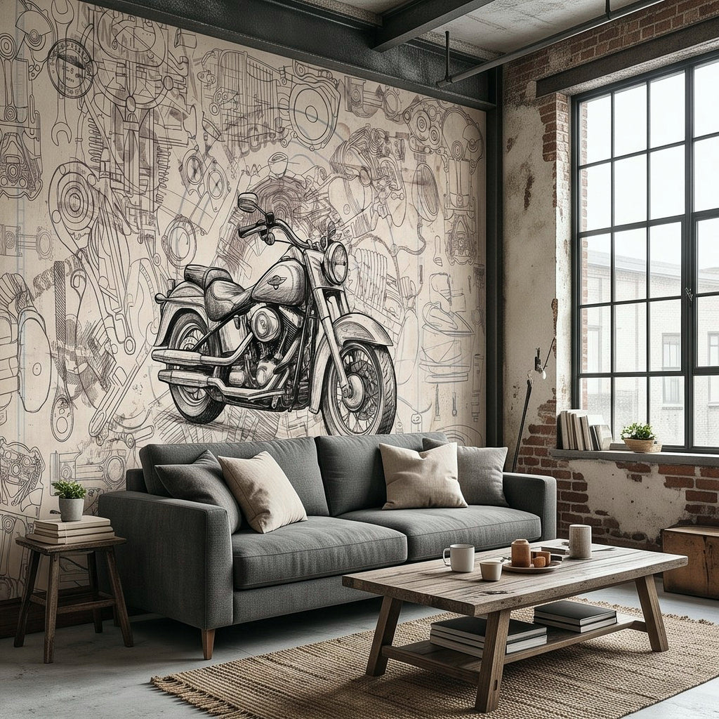 Motorcycle wall mural featuring vintage bike blueprint line art on textured wall
