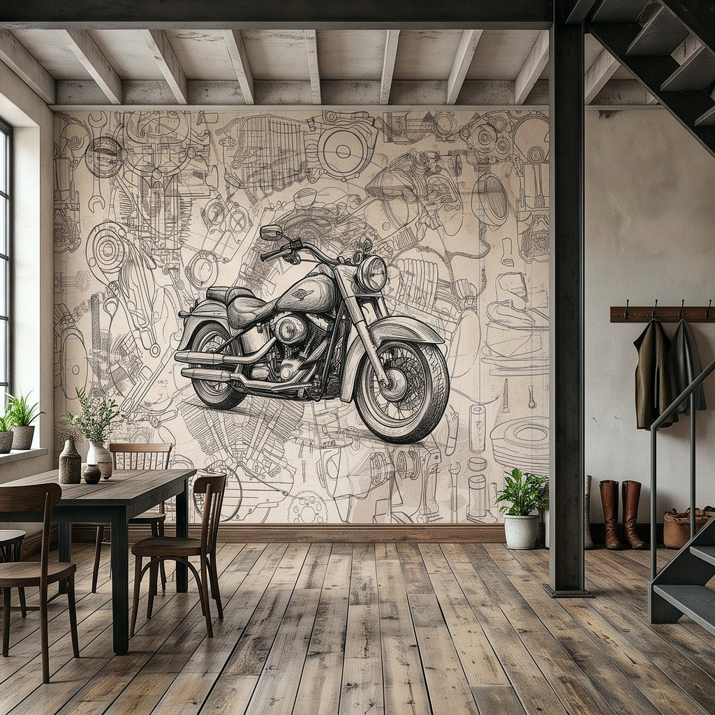 Motorcycle wall mural displaying vintage motorcycle line art among engineering diagram icons