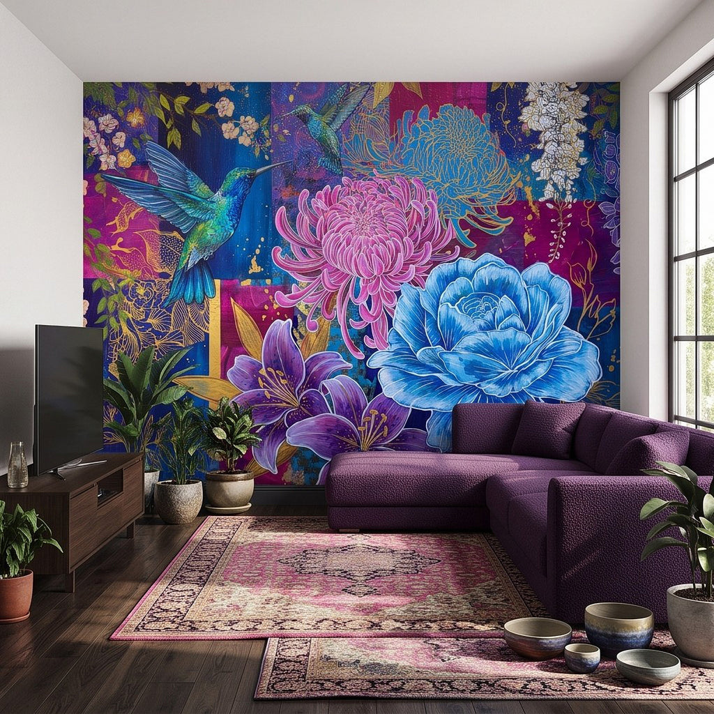 Botanical wall mural with hummingbird, pink chrysanthemum, blue peony, and purple lilies
