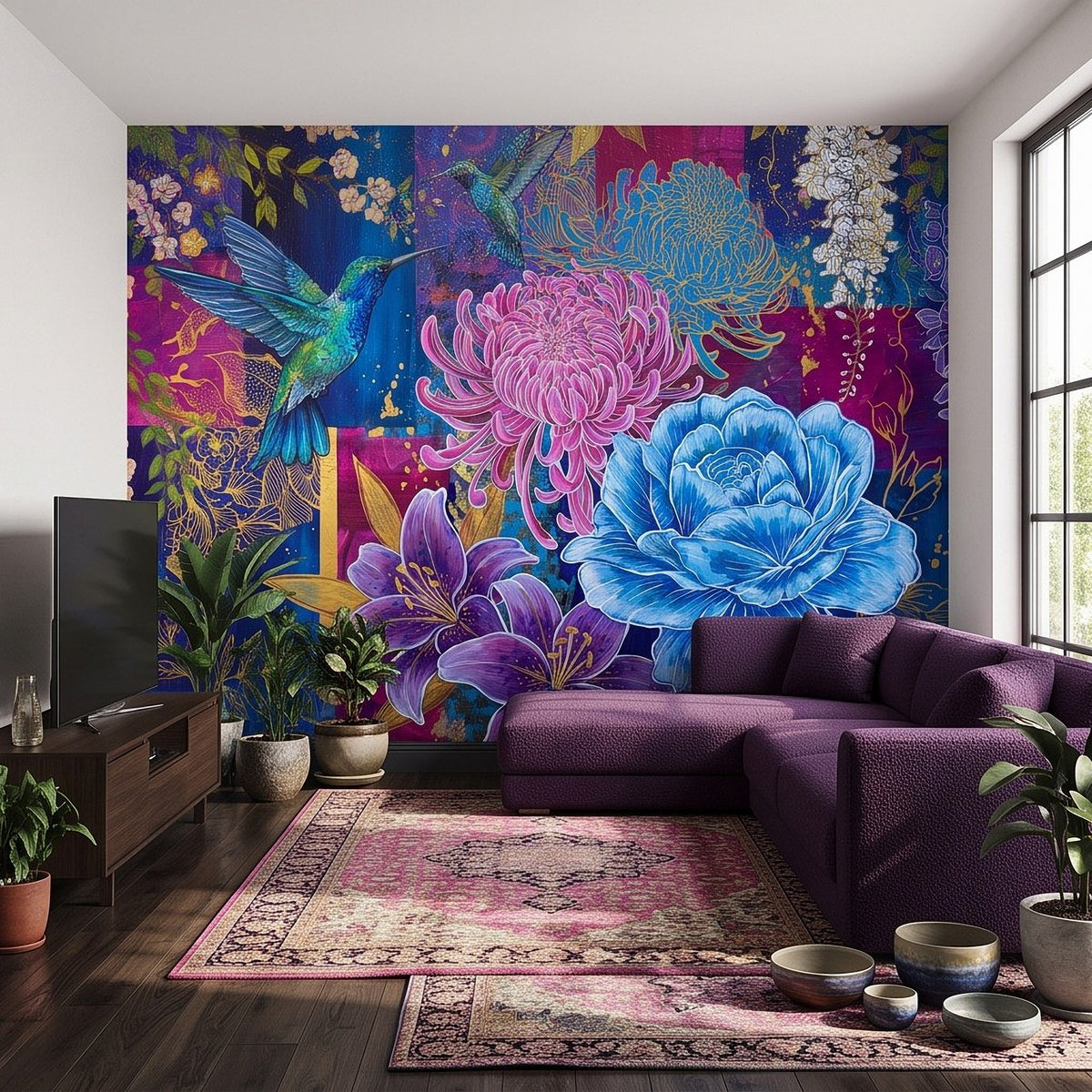Botanical wall mural with hummingbird, pink chrysanthemum, blue peony, and purple lilies