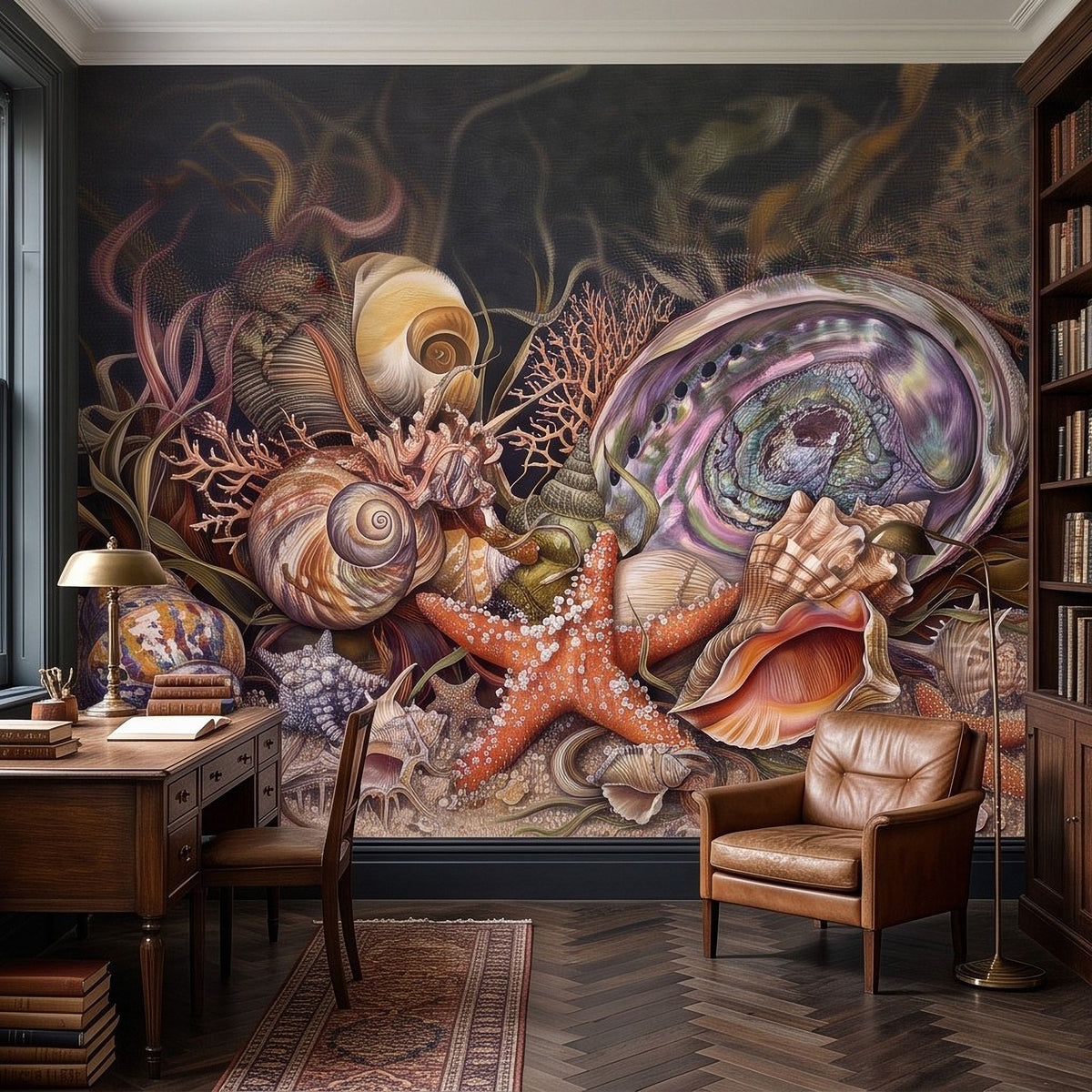 Coastal sea life wall mural featuring spiral seashells, starfish, and large abalone
