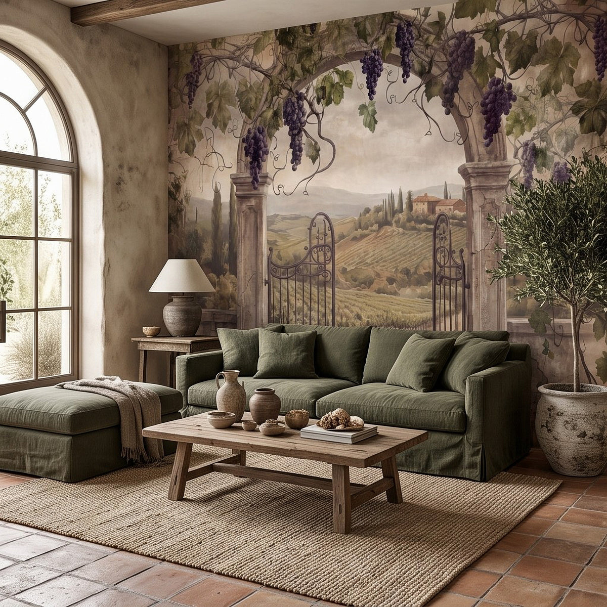 Tuscan vineyard wall mural with grape vines draped over stone columns and gate