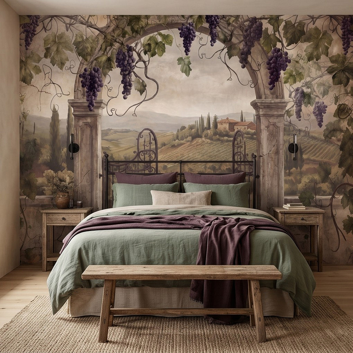Mediterranean vineyard wall mural with grape vines, stone columns, and wrought-iron gate