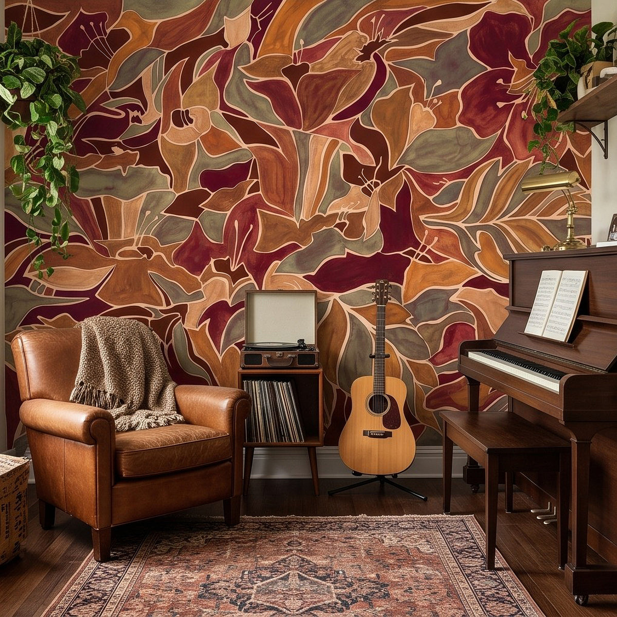 Burgundy Floral Abstract Autumn Flowers Olive Green Leaves Burnt Orange Terracotta Retro Botanical Wall Mural