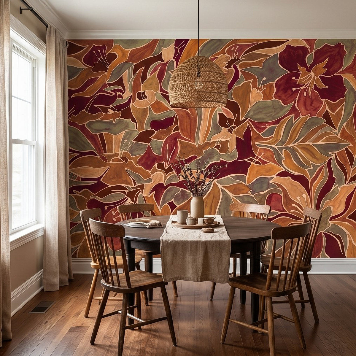 Burgundy Floral Abstract Autumn Flowers Olive Green Leaves Burnt Orange Terracotta Retro Botanical Wall Mural