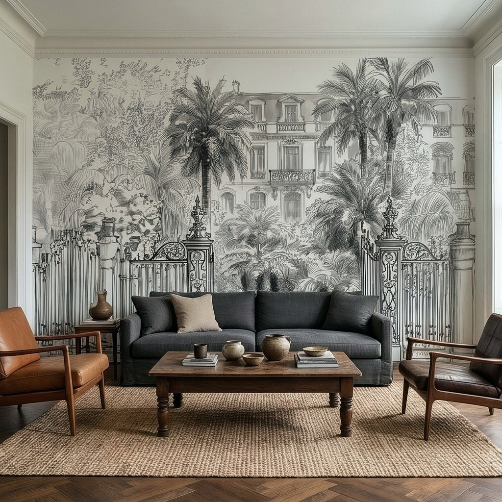 Black-and-white tropical wall mural with palm trees, villa facade, and ornate fence gates