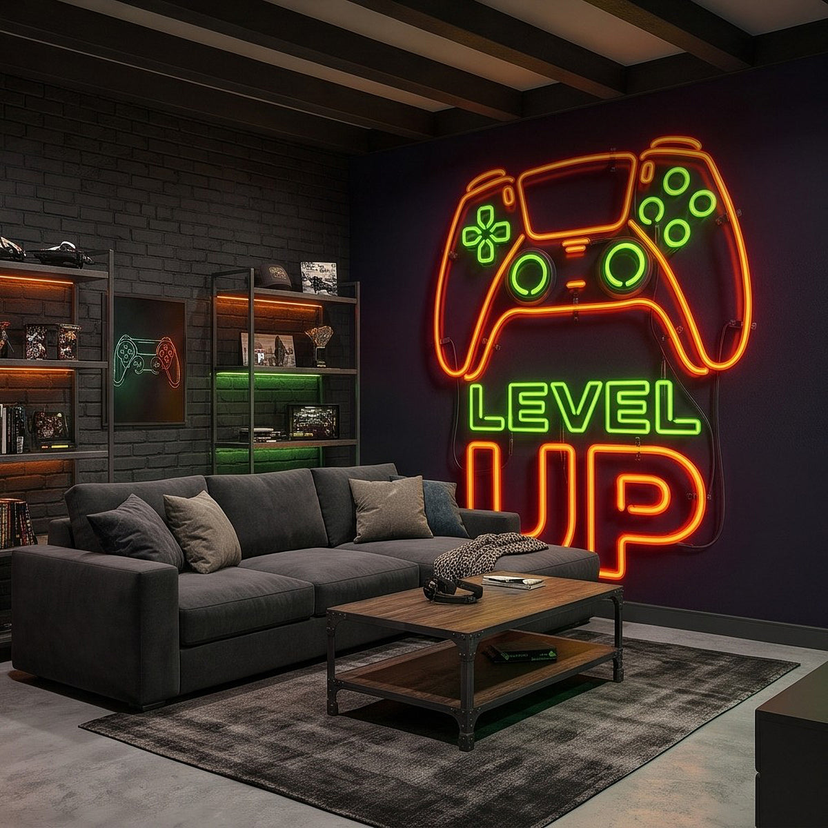Level Up Gaming Neon Orange Green Glowing Controller Gamer Setup Arcade Sign Dark Background Esports Wall Mural