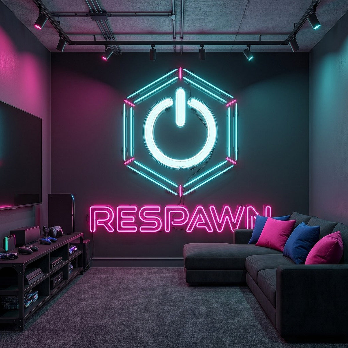 Neon gaming wall mural showing a lit power hexagon and 'RESPAWN' word sign
