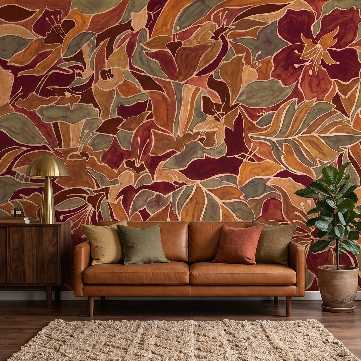 Burgundy Floral Abstract Autumn Flowers Olive Green Leaves Burnt Orange Terracotta Retro Botanical Wall Mural