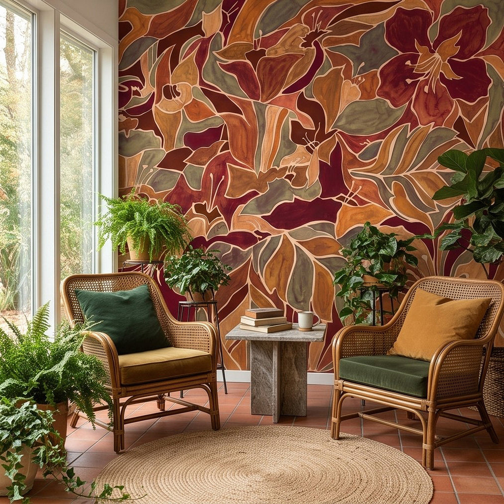 Burgundy Floral Abstract Autumn Flowers Olive Green Leaves Burnt Orange Terracotta Retro Botanical Wall Mural