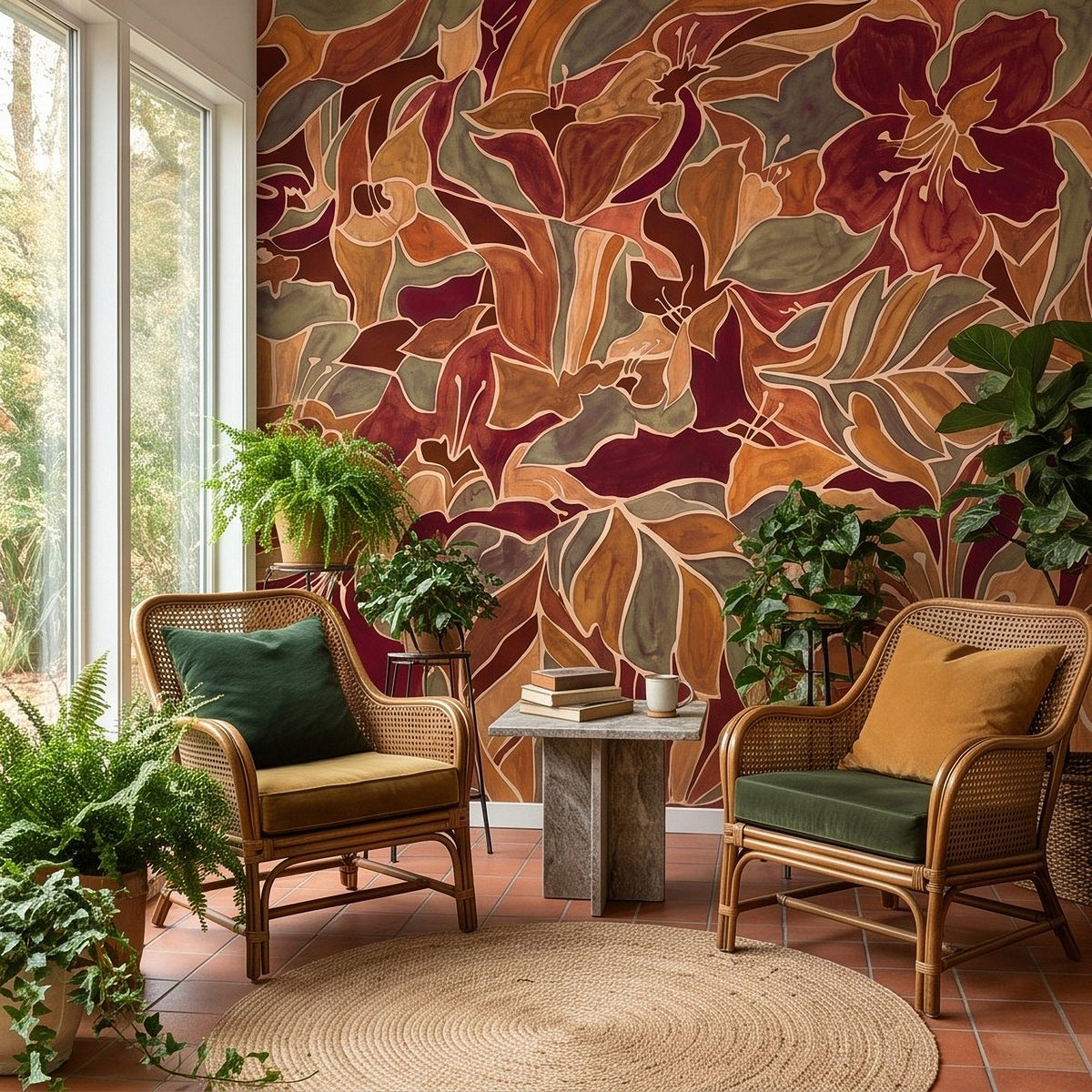 Burgundy Floral Abstract Autumn Flowers Olive Green Leaves Burnt Orange Terracotta Retro Botanical Wall Mural