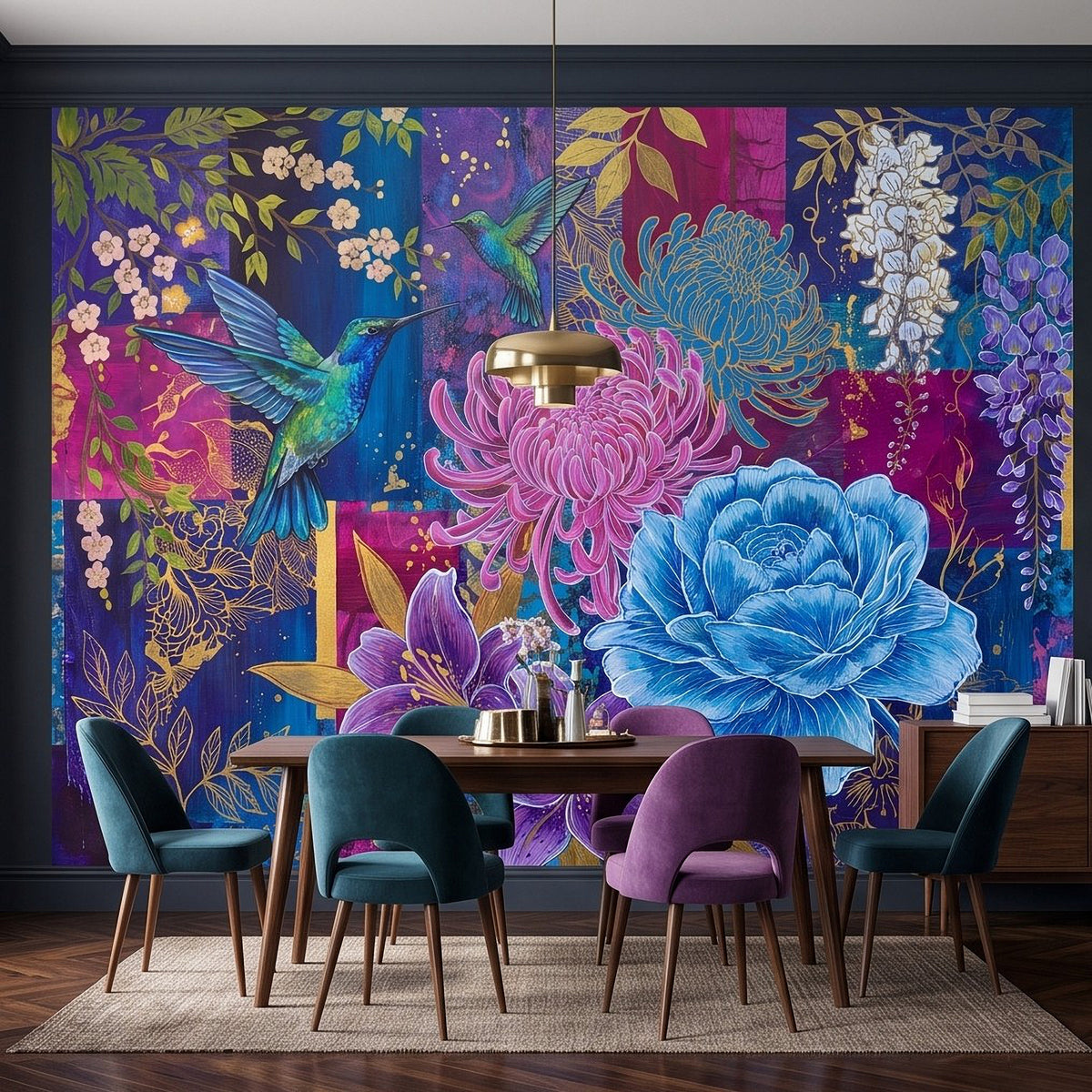 Bright floral wall mural with hummingbird, pink blooms, and large blue peony centerpiece