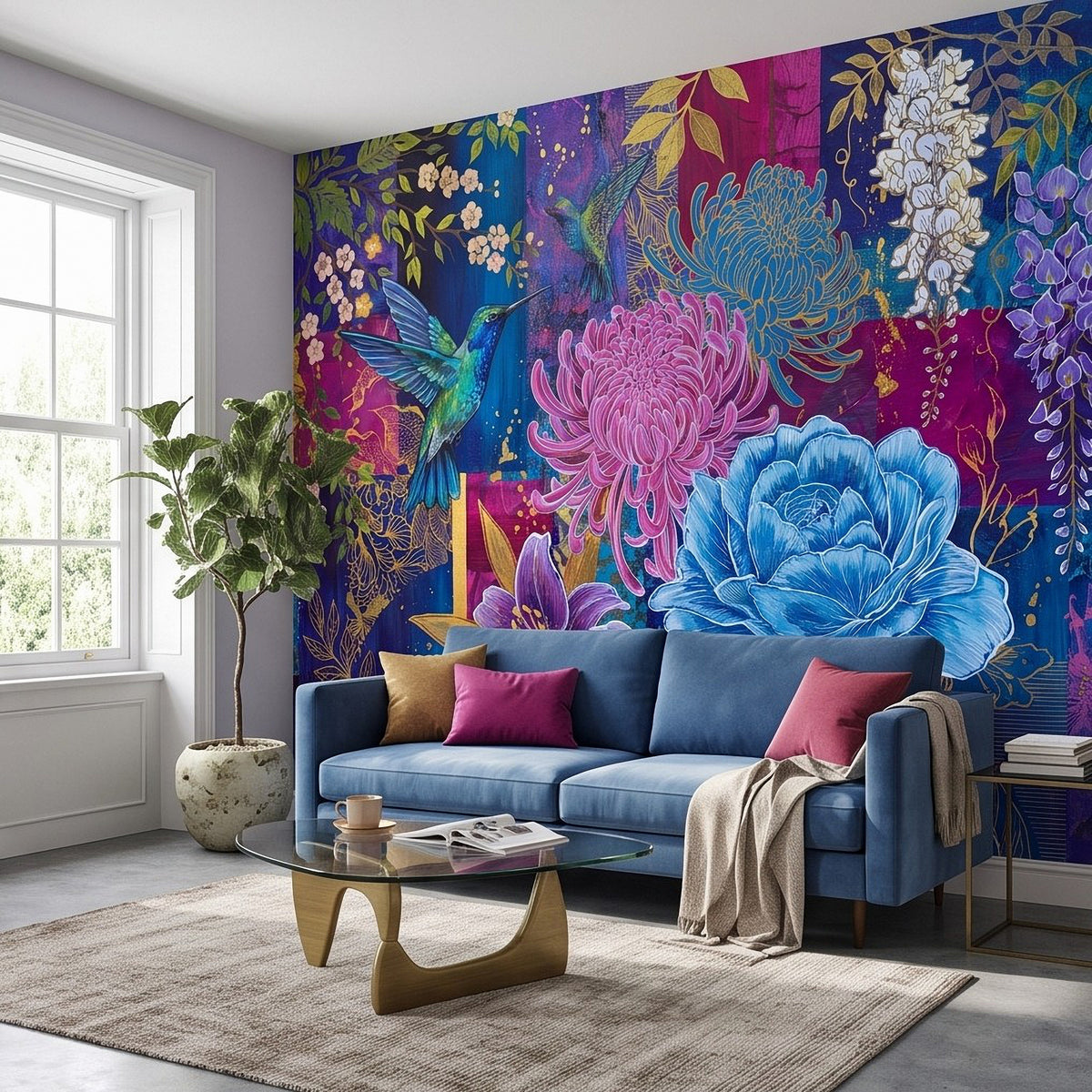 Botanical wall mural with hummingbird and layered floral design in rich jewel tones
