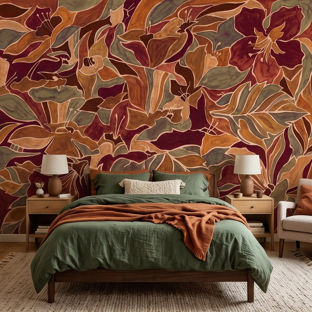 Burgundy Floral Abstract Autumn Flowers Olive Green Leaves Burnt Orange Terracotta Retro Botanical Wall Mural