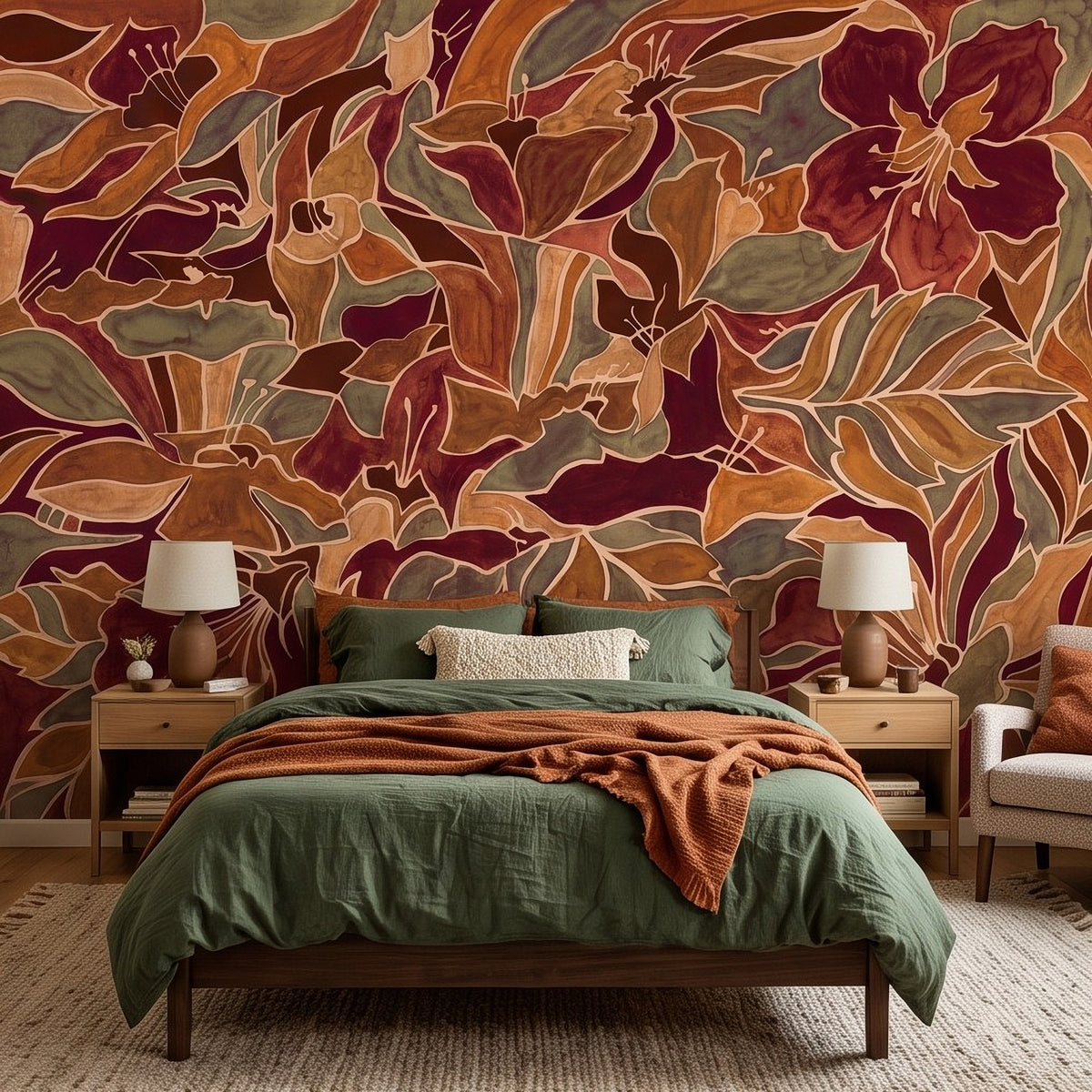 Burgundy Floral Abstract Autumn Flowers Olive Green Leaves Burnt Orange Terracotta Retro Botanical Wall Mural