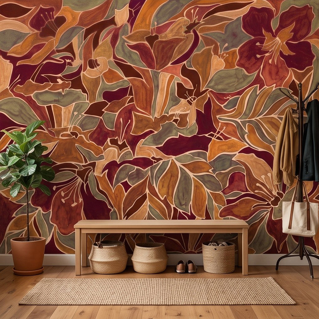 Burgundy Floral Abstract Autumn Flowers Olive Green Leaves Burnt Orange Terracotta Retro Botanical Wall Mural