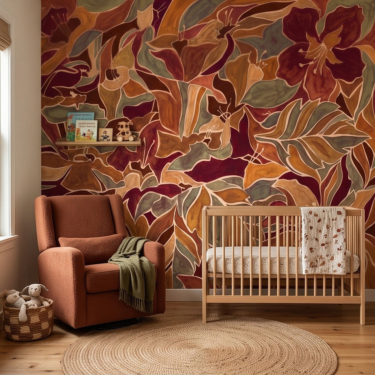 Burgundy Floral Abstract Autumn Flowers Olive Green Leaves Burnt Orange Terracotta Retro Botanical Wall Mural