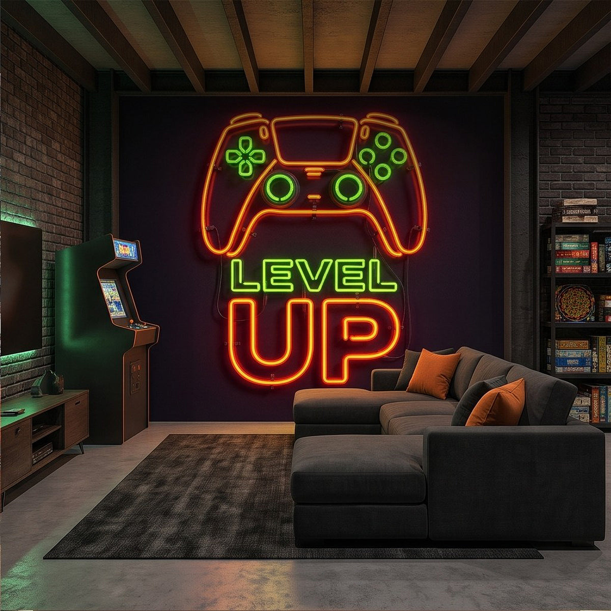 Level Up Gaming Neon Orange Green Glowing Controller Gamer Setup Arcade Sign Dark Background Esports Wall Mural