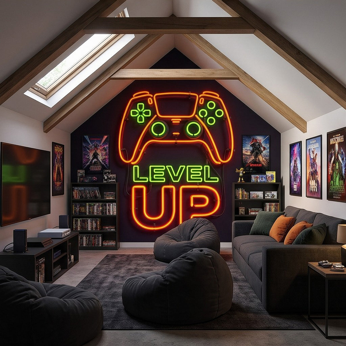 Level Up Gaming Neon Orange Green Glowing Controller Gamer Setup Arcade Sign Dark Background Esports Wall Mural