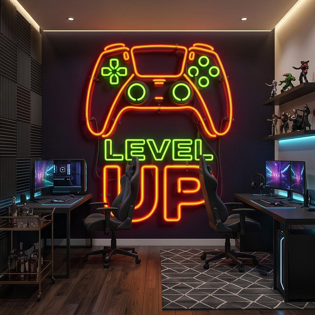 Level Up Gaming Neon Orange Green Glowing Controller Gamer Setup Arcade Sign Dark Background Esports Wall Mural