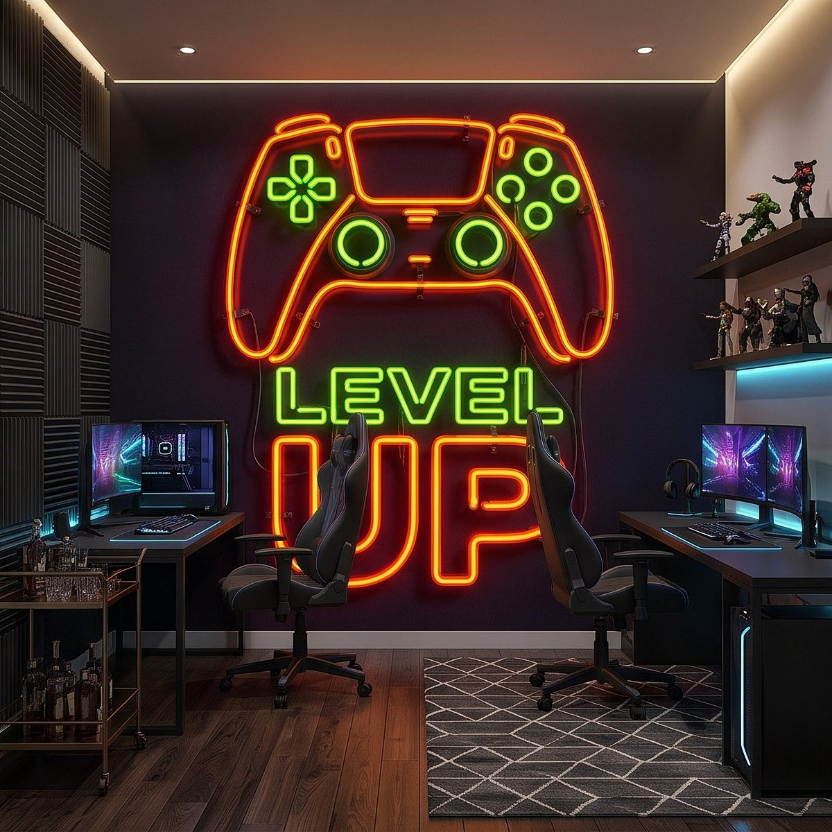 Level Up Gaming Neon Orange Green Glowing Controller Gamer Setup Arcade Sign Dark Background Esports Wall Mural