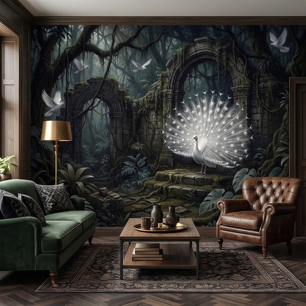 Wall mural showing white peacock fan over ancient stone arches and lush foliage