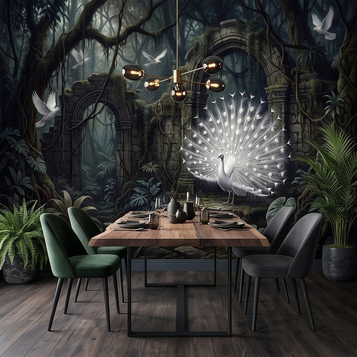 Wall mural featuring a white peacock fan amid vines, stone arches, and birds in flight