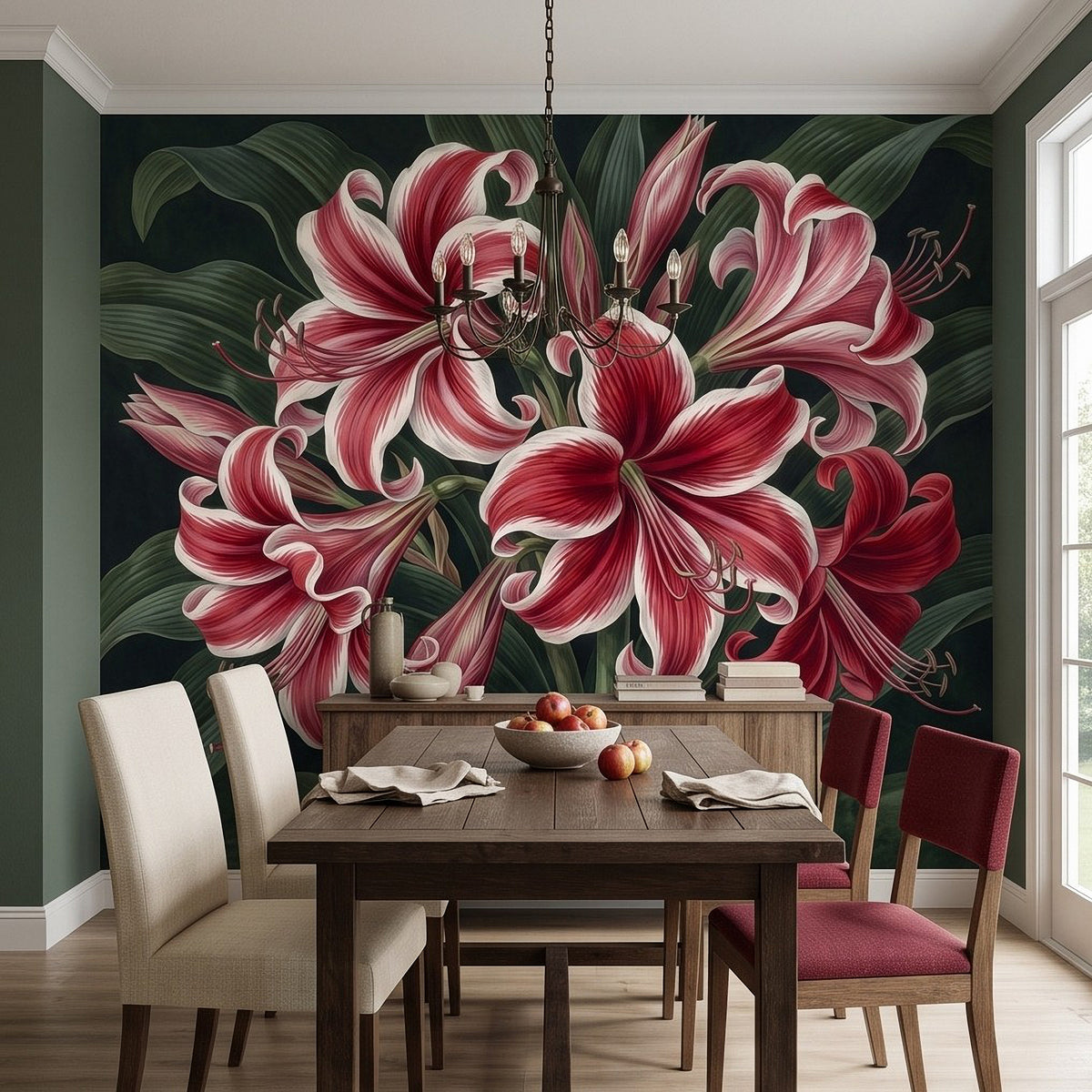 Large floral wall mural with layered red-and-white lilies and dark green botanical leaves.