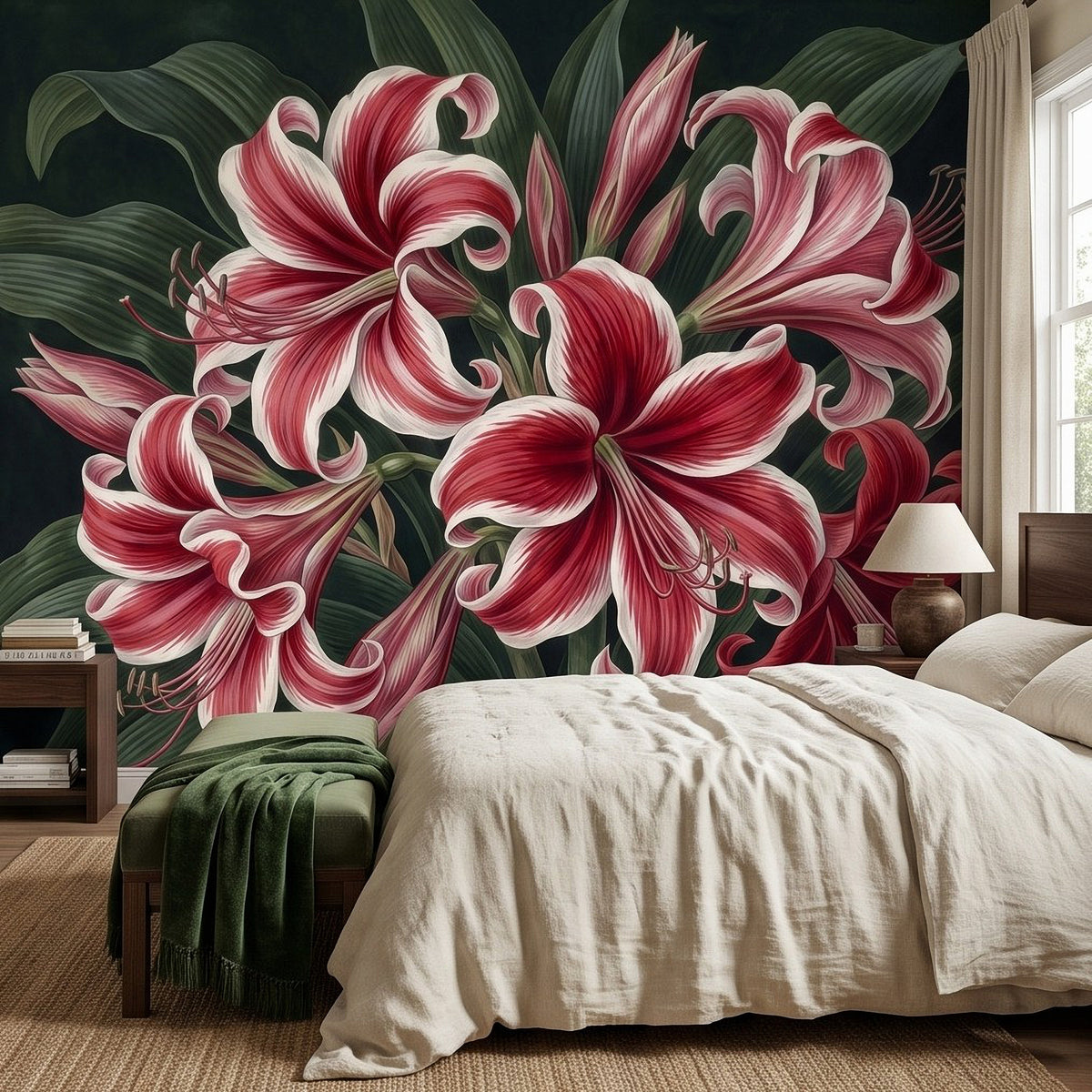Close-up wall mural of red and white lilies with curling petals on dark green leaves.