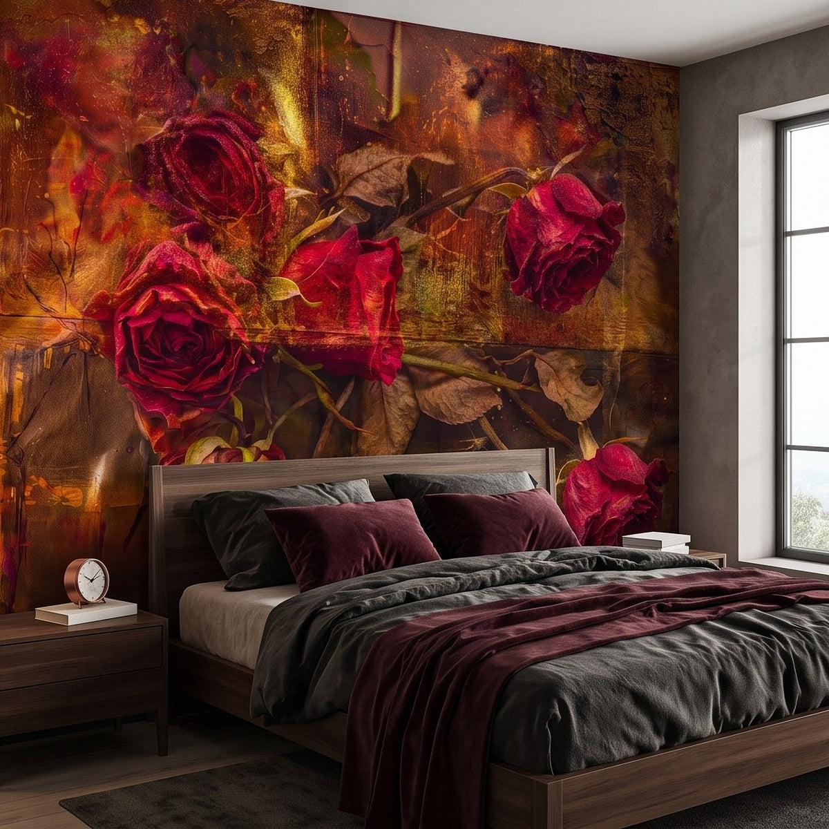 Burgundy rose floral wall mural above bed, vintage distressed roses and leaves