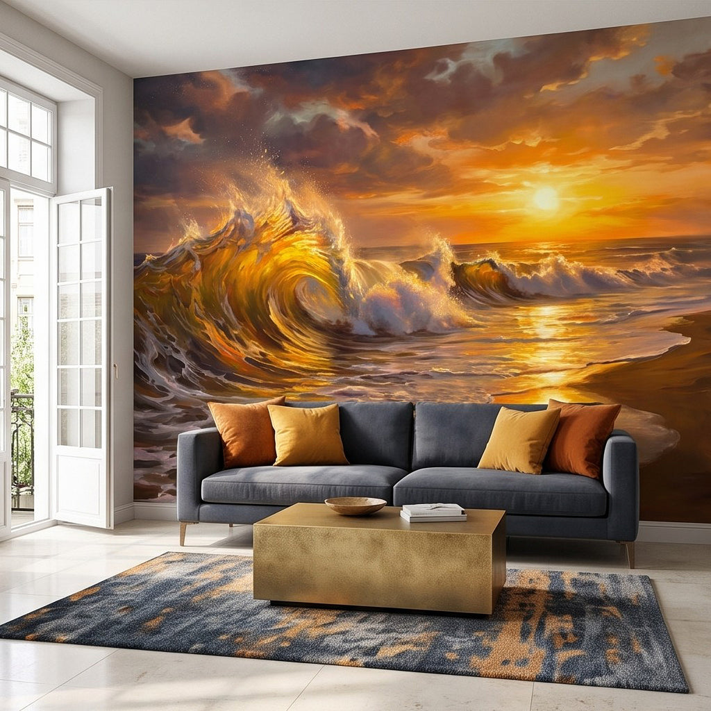 Ocean sunset wall mural with foamy surf and bright sunlit water