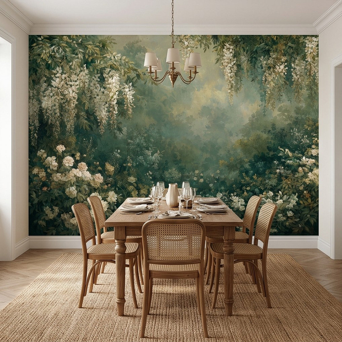 Floral wall mural with lush greenery and white blossoms in soft misty tones