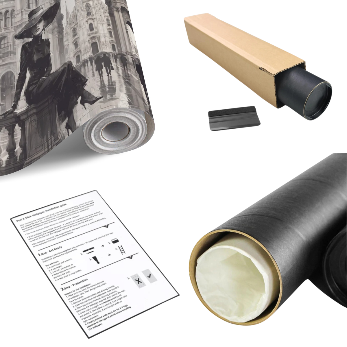 Wall mural roll in black-and-white, with cardboard tube, squeegee, and instruction sheet