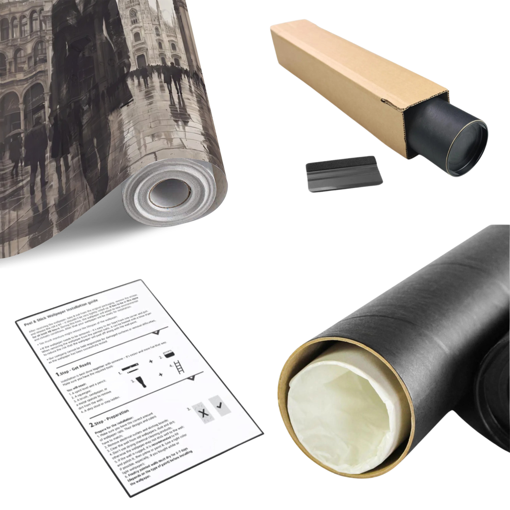 Peel and stick wall mural material with rolled graphic, backing sheet, and instruction card
