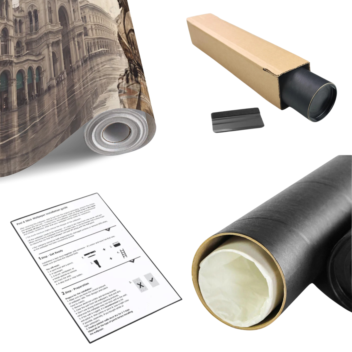 Wall mural roll kit with backing paper, tube sleeve, and installation guide
