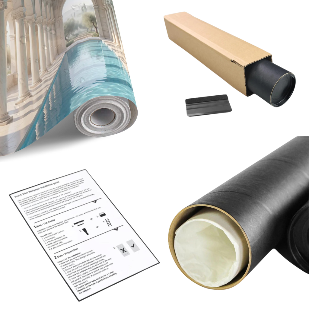 Wall mural roll in black core, with cardboard tube and installation instructions