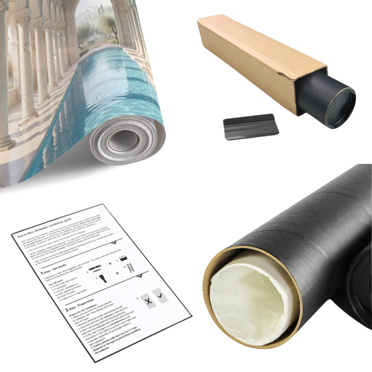Wall mural roll in black core, with cardboard tube and installation instructions